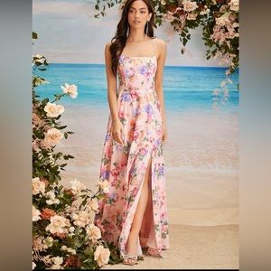 SHEIN Belle Flora Crisscross Backless Split Thigh Dress XS Maxi Wedding Guest